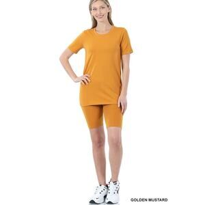 Cotton Crew Neck Short Sleeve top & biker Shorts set (Golden Mustard)-Medium